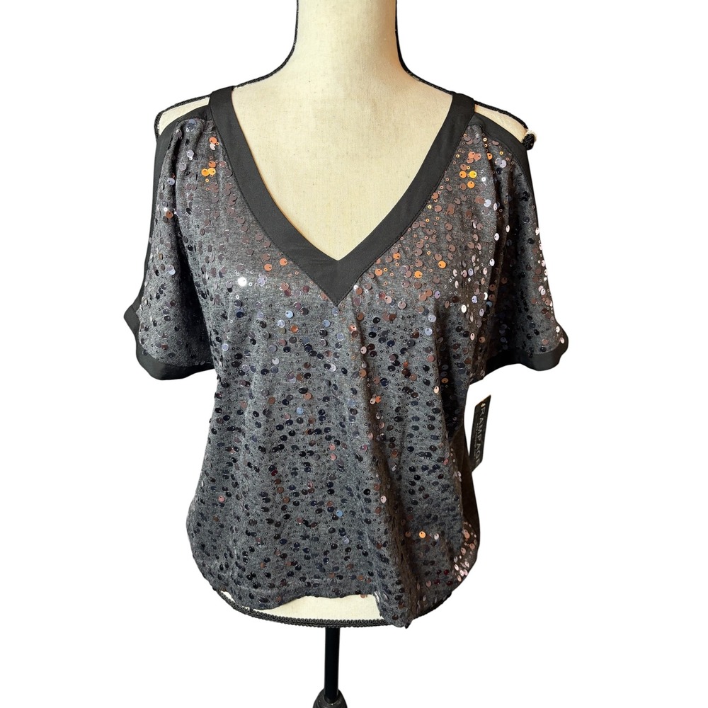 Rampage Womens Sequin Cold Shoulder Top Grey V-Neck High Low Hem Medium NWT